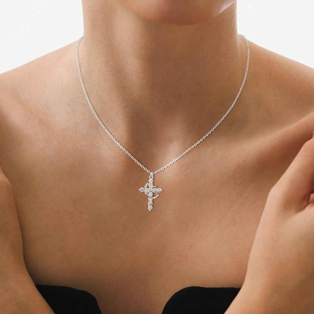 Perfect Gift Women Silver Crown Cross Necklace Gold Silver Plated Faith Jewelry - Picture 8 of 8